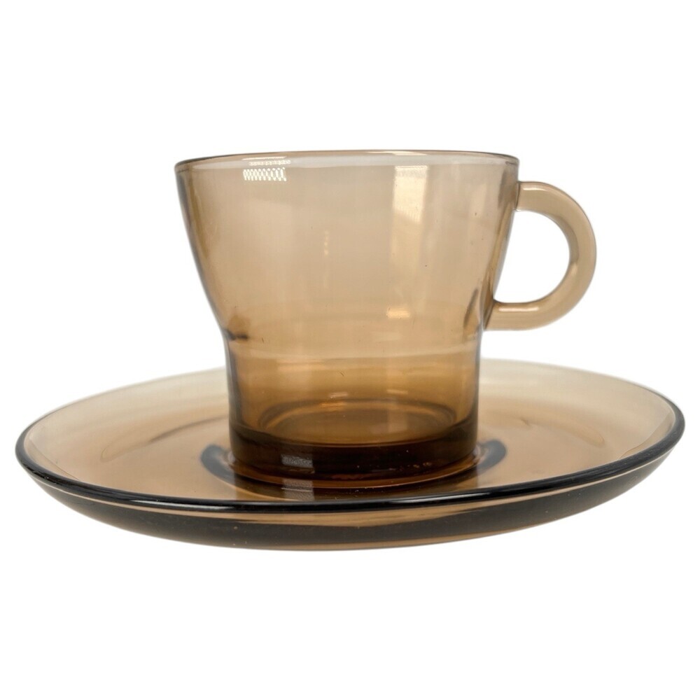 Duralex Amber Brown Glass Espresso Coffee Cup & Saucer 12 Pc Set + Display Stand - Picture 11 of 16